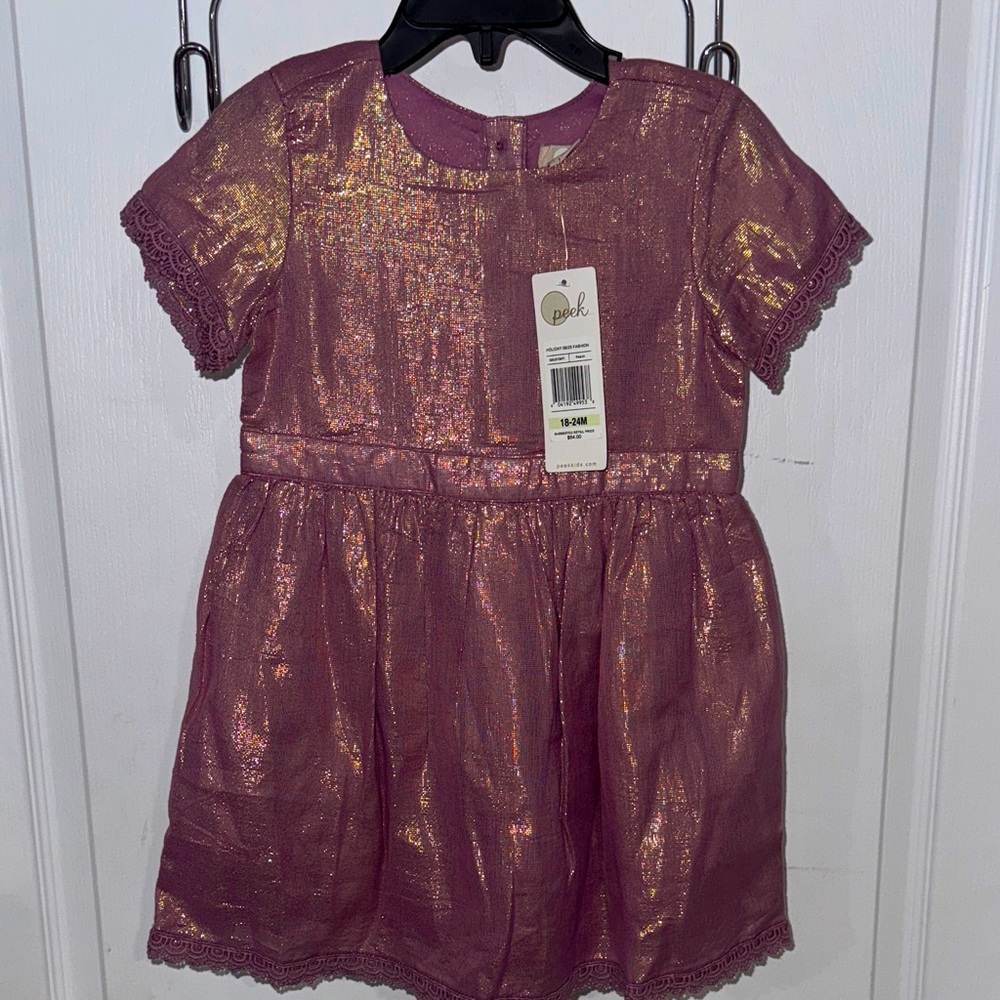 Peek Girls Toddler Holiday Pink Shiny Dress Short Sleeve 18-24M NWT